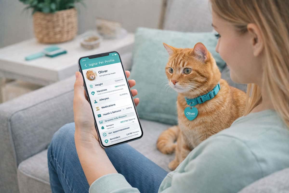 Pet owner viewing a digital pet profile on a smartphone beside a dog at home