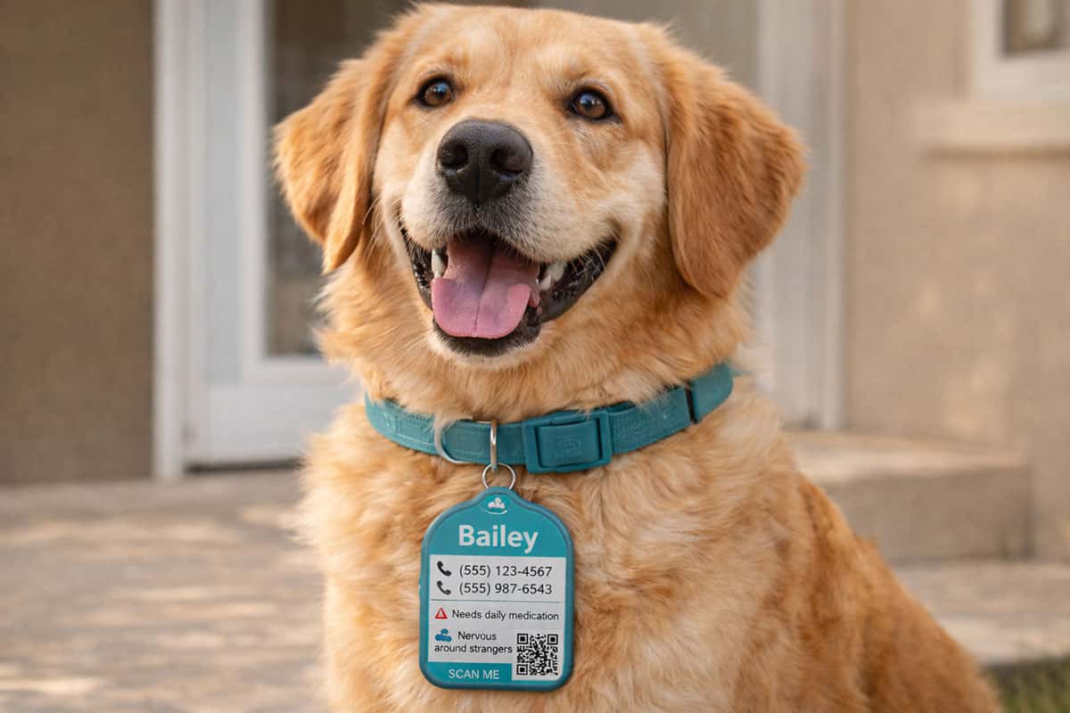 Dog wearing a smart pet tag with identification details clearly visible