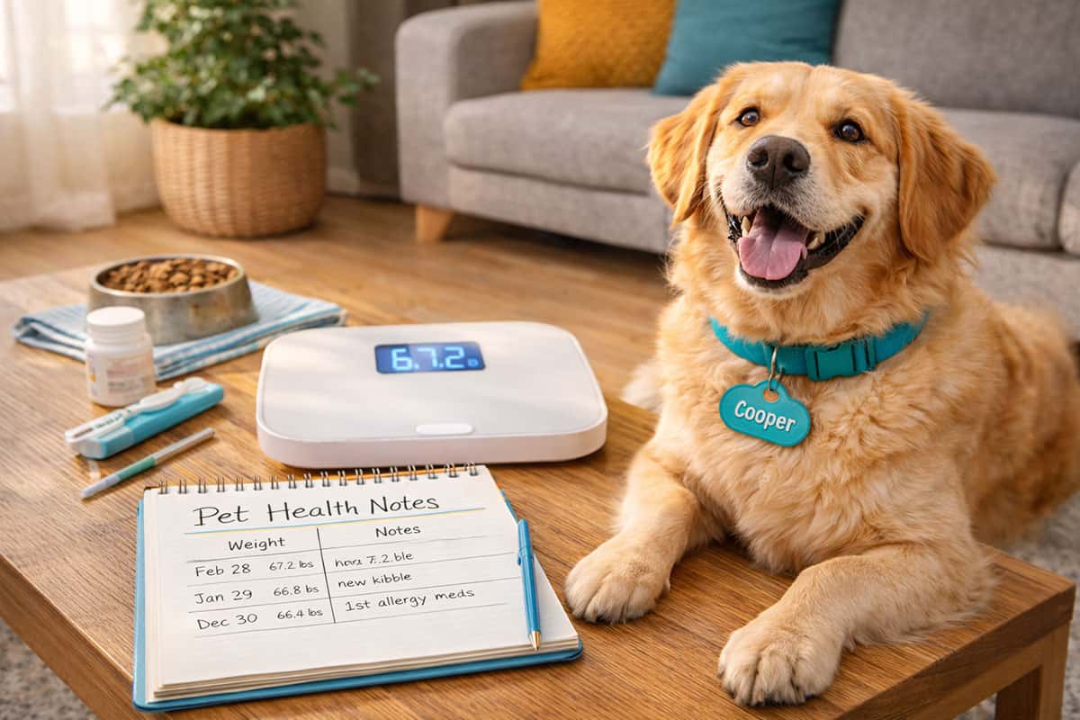 Dog beside a scale and health notes for tracking weight and wellness